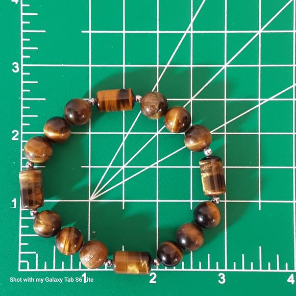 Tigers Eye Beaded Stretch Bracelet Brown Tan Geometric shapes - Picture 6 of 6